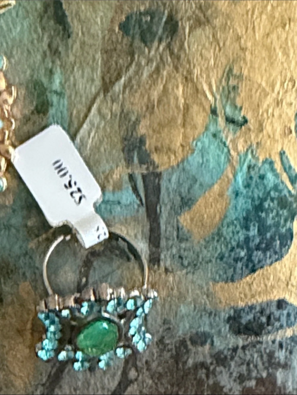 Ring adjustable blue crystal fantasy marquis green faceted center silver tone